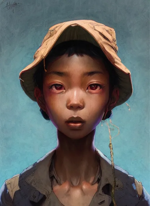 Image similar to prompt : portrait soft light painted by james jean and katsuhiro otomo and erik jones, inspired by akira anime, epic fantasy, a young dark skinned girl with short hair dressed as a boy in plain peasant clothing and a newsboy cap, intricate oil painting, high detail illustration, sharp high detail