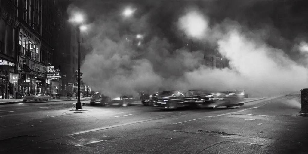 Prompt: a high resolution photo of a new york street at night surrounded with smoke and cars with bright headlights by joel meyerowitz, realistic photo, leica, magnum award winning photograph, 24 mm, f1.4 ,