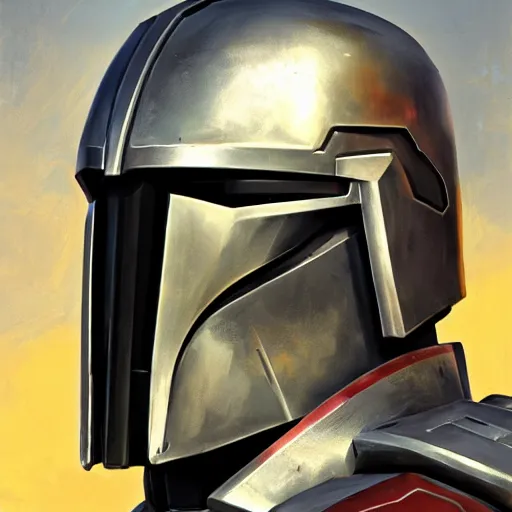 Image similar to greg manchess portrait painting of armored mandalorian as overwatch character, medium shot, asymmetrical, profile picture, organic painting, sunny day, matte painting, bold shapes, hard edges, street art, trending on artstation, by huang guangjian and gil elvgren and sachin teng