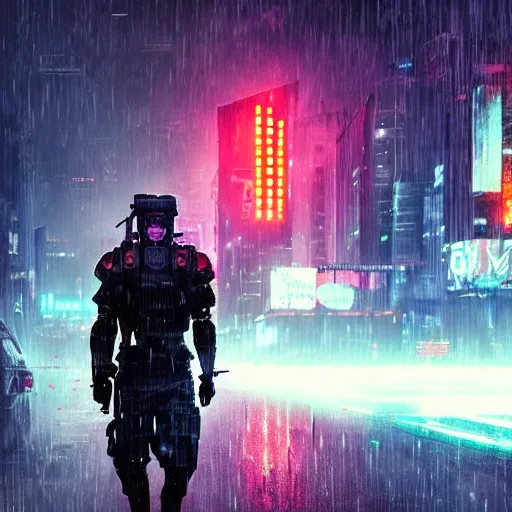 Image similar to cyberpunk soldier in neon city, raining, cinematic lighting, 4 k, by greg rutkowski