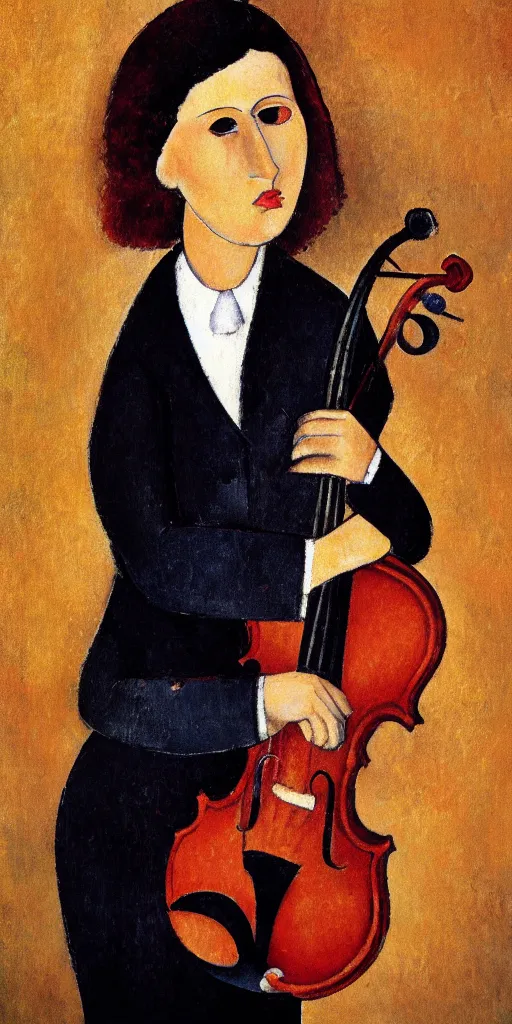 Image similar to violin player portait by modigliani, intricate, highly detailed, hyper realistic, soft shadow, dslr, 4 k