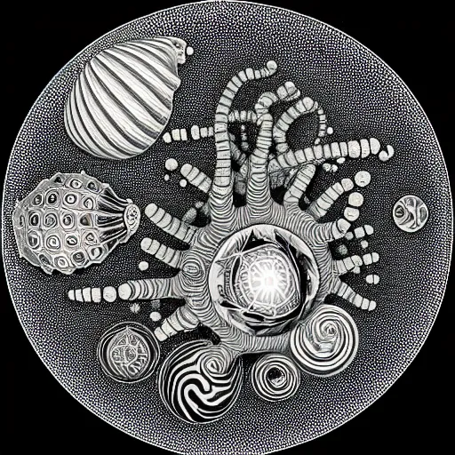 Image similar to a black and white drawing of a variety of sea life and filled with gundam mech equipment space station, a microscopic photo by ernst haeckel, zbrush central, kinetic pointillism, bioluminescence, intricate patterns, photoillustration