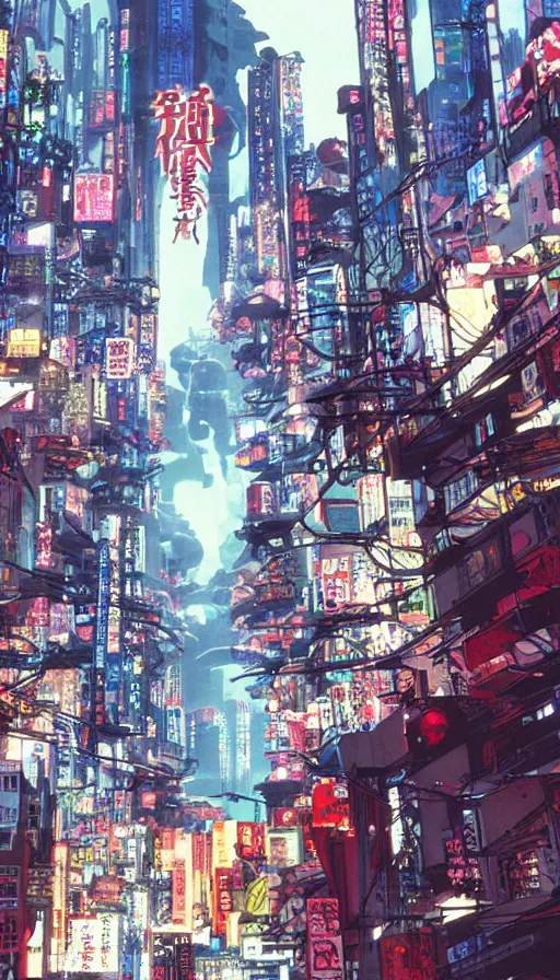 Image similar to cyberpunk street view, film still from japanese animated cyberpunk film Akira movie with art direction by Katsuhiro Otomo, wide lens, flying cards, science fiction, holograms