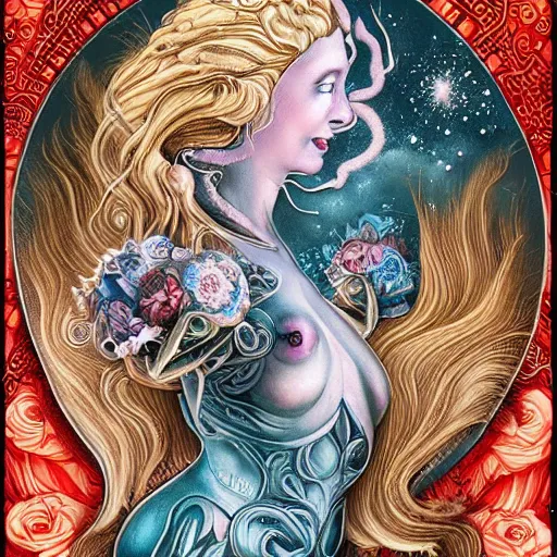 Image similar to blonde girl in a cosmic dress, full-body tattoos, ornate, rococo, grotesque, zbrush art, majestic, organics, silver filigree, colorful, dark fantasy, celtic knot, anatomical, h r giger style, moebius, frank frazetta, ornate, art nouveau, symmetrical, turquoise jewelry, red smoke, roses, unbiased render, rotten, Emil melmoth, eerie, macabre, haunting + insanely detailed and intricate, floral, faded pink, hypermaximalist, elegant, vintage, hyper realistic, super detailed, pastel colors,