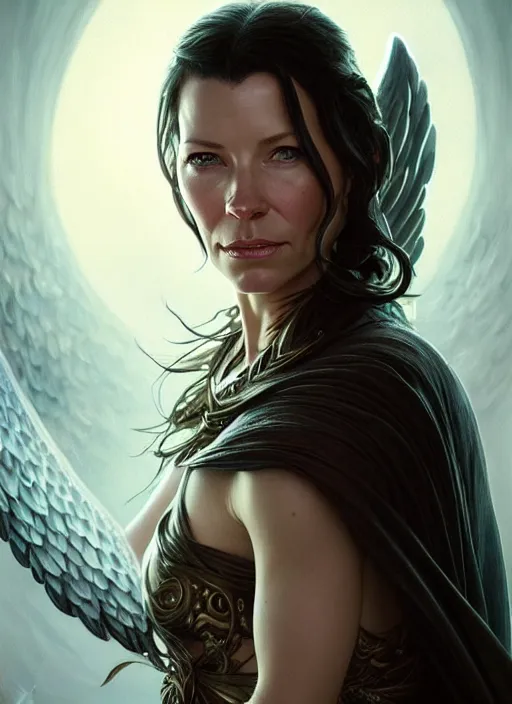 Image similar to evangeline lilly as the angel of death, deep focus, d & d, fantasy, intricate, elegant, highly detailed, digital painting, artstation, concept art, matte, sharp focus, illustration, hearthstone, art by artgerm and greg rutkowski and alphonse mucha