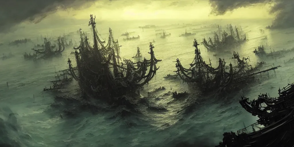 Image similar to A medieval ship flotilla on fire is getting destroyed by a giant kraken sea monster, tentacles, chaos, view from above. In style of Yoji Shinkawa and Hyung-tae Kim, trending on ArtStation, Greg Rutkowski, dark fantasy, great composition, concept art, highly detailed, scenery.