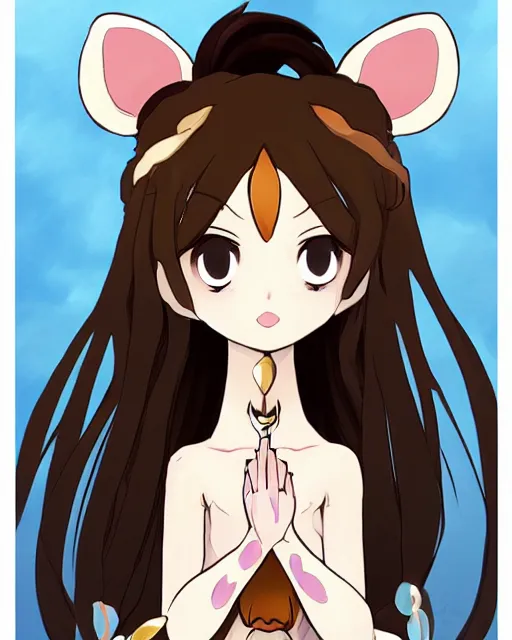 Image similar to A cute wakfu-style frontal painting of a very very beautiful anime skinny mousegirl with long wavy brown colored hair and small mouse ears on top of her head wearing a cute black dress and black shoes looking at the viewer, elegant, delicate, feminine, soft lines, higly detailed, smooth , pixiv art, ArtStation, artgem, art by alphonse mucha Gil Elvgren and Greg rutkowski, high quality, digital illustration, concept art, very long shot, game character