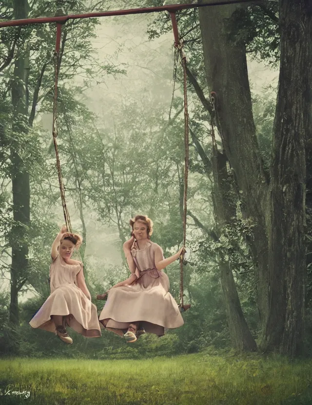 Prompt: two girls in vintage dresses happily swing on hanging swings in the forest, motion photo, Cottage core, Cinematic focus, Polaroid photo, vintage, neutral colors, soft lights, foggy, by Steve Hanks, by Serov Valentin, by lisa yuskavage, by Andrei Tarkovsky, by Terrence Malick, by Krenz Cushart, 8k render, detailed, oil on canvas