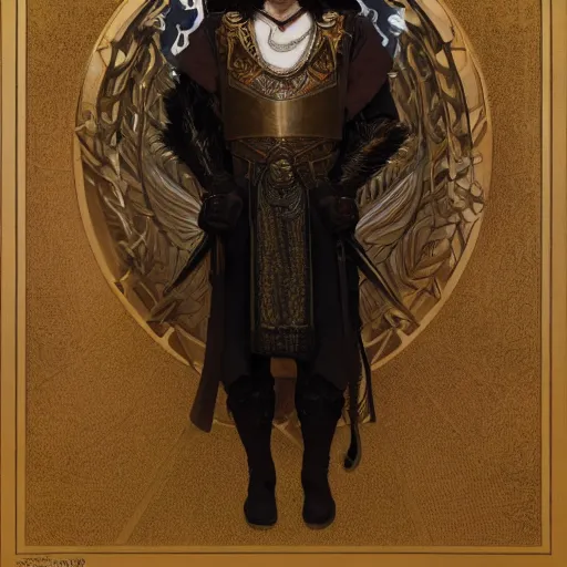 Image similar to pale, beautiful clean-shaven black-haired Viking lord wih sharp features, wearing a gilded black scale armor in the shape of art deco feathers and an arrogant heroic expression, by Greg Rutkowski, Brom, and Alphonse Mucha