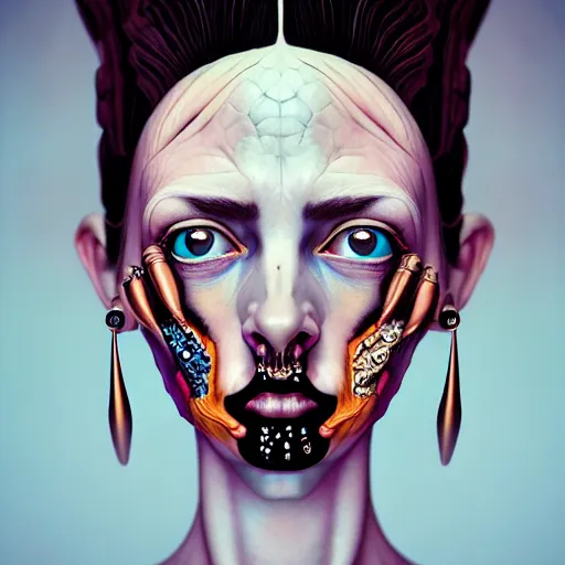 Image similar to Colour Caravaggio style Photography of Beautiful woman with highly detailed 1000 years old face wearing highly detailed sci-fi piercing designed by Josan Gonzalez. Many details . In style of Josan Gonzalez and Mike Winkelmann andgreg rutkowski and alphonse muchaand and Caspar David Friedrich and Stephen Hickman and James Gurney and Hiromasa Ogura. volumetric natural light
