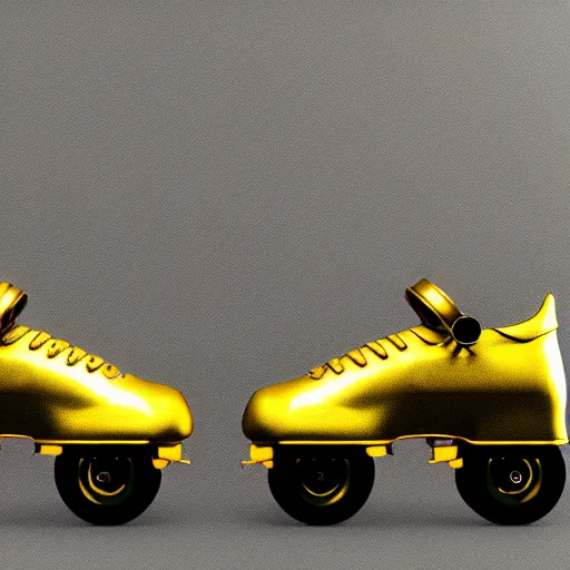 Prompt: a pair of golden roller skates, hyper realistic art concept by hush lino, 4 k ultra fine detail high resolution octane render