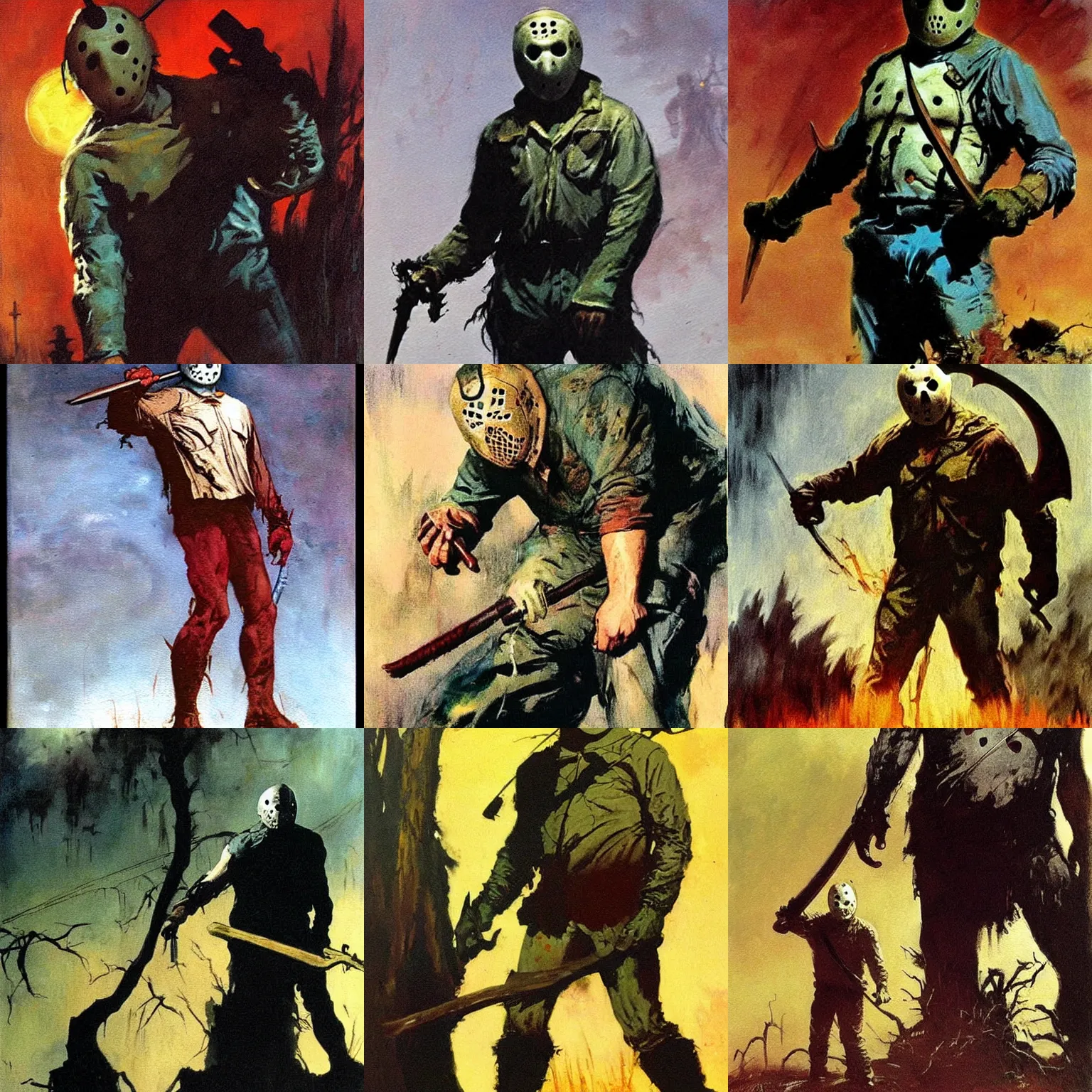 Prompt: jason voorhees in the painting by frazetta