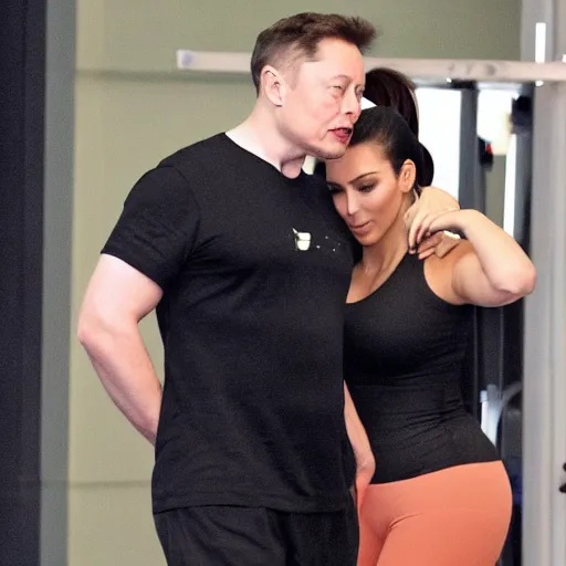 Image similar to elon musk and kim kardashian stretching at a gym