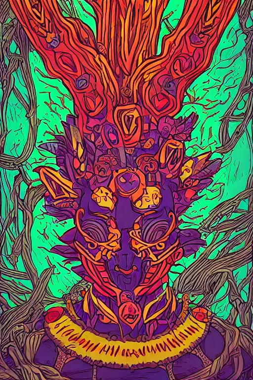 Image similar to animal mask totem roots flower tribal feather gemstone plant wood rock shaman vodoo video game vector cutout illustration vivid multicolor borderlands comics by josan gonzales and dan mumford radiating a glowing aura