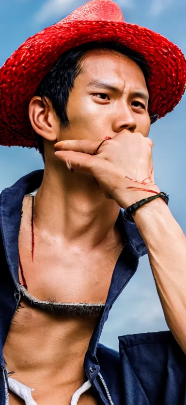 Image similar to “ a portrait photo of luffy, side shot, by professional photographer, 8 k resolution, high quality ”