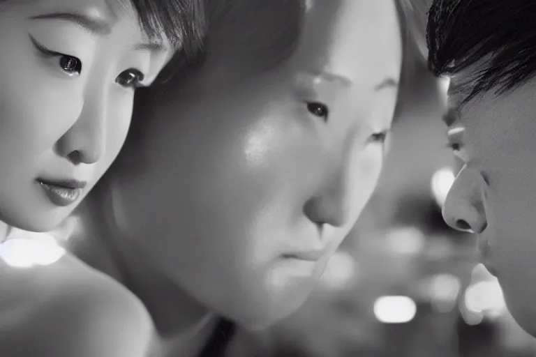 Image similar to movie interior closeup beautiful Chinese couple closeup sitting and talking at 50s diner, night in the city, beautiful skin, by Emmanuel Lubezki