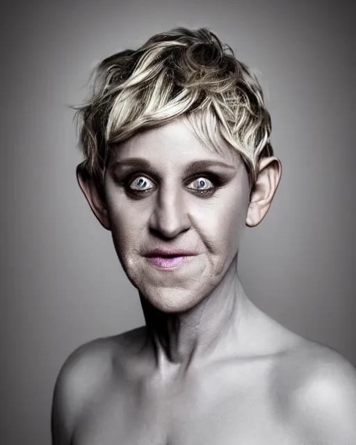 Image similar to headshot of ellen degeneres as a mythical satyr, ellen degeneres in highly detailed satyr makeup and prosthetics designed rick baker, studio lighting, 8 k, photo shoot, 9 inch kershaw soft focus lens f / 5. 6