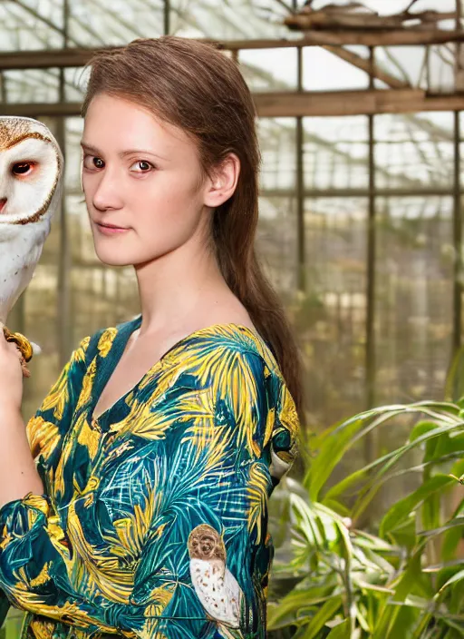 Prompt: amazing portrait photograph of beautiful young female model, symmetric face, symmetric eyes, slight smile, natural light,wearing a yellow kimono with a very detailed barn owl on her shoulder!!! in a tropical greenhouse. looking at the camera!!. super resolution. Extremely detailed. art by Rineke Dijkstra.