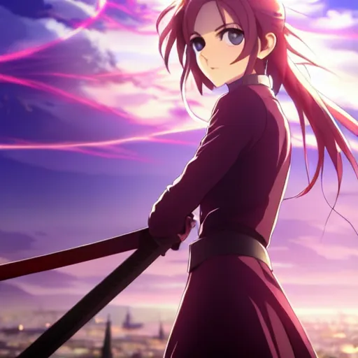 Image similar to emma watson, heavens feel movie, demon slayer, ufotable, kyoani, high quality, artstation, key visual, cinematic, city background, night time, rooftop, fate stay night, unlimited blade works, greg rutkowski, high resolution, dynamic pose, extreme close up, rin outfit, anime, high angle, high budget