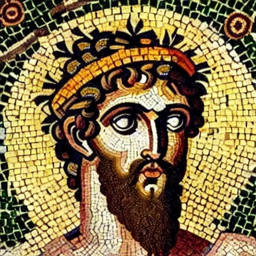 prompthunt: byzantine mosaic of gigachad, perfect face, perfect eyes,  strong jaw, centered, awarded photo, intricated, very detailed, highly  qualified