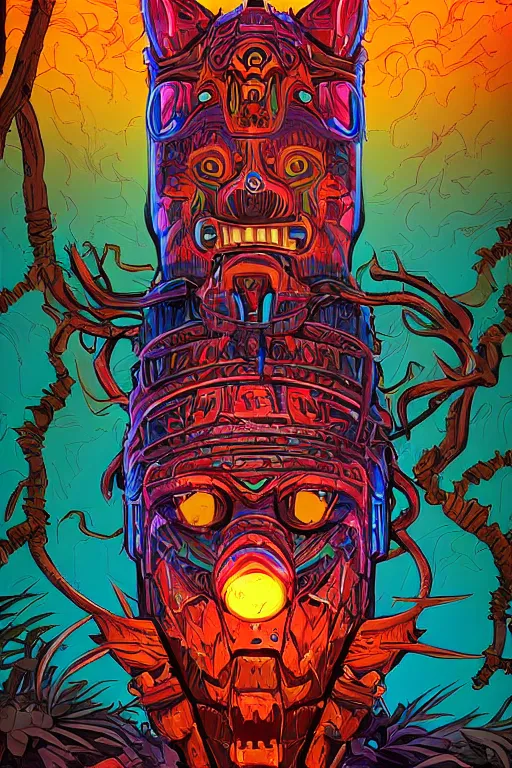 Image similar to totem animal tribal chaman vodoo mask feather gemstone plant wood rock video game illustration vivid color borderlands by josan gonzales and dan mumford radiating a glowing aura