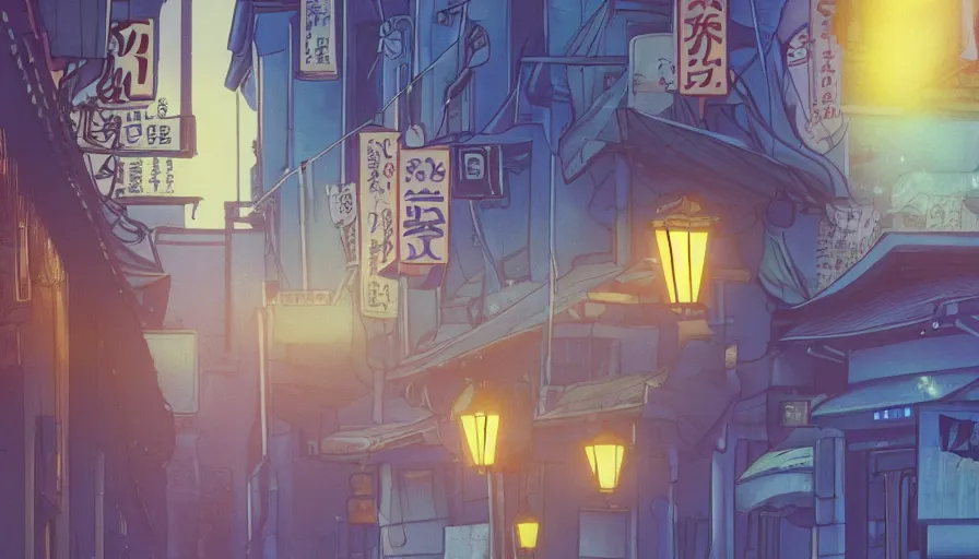 Image similar to A film still from a 1990s Sailor Moon cartoon featuring a moody street in Japan with a waterfall and lanterns, lofi aesthetic, golden hour, cinematic look, film grain, high detail, high resolution, 8k