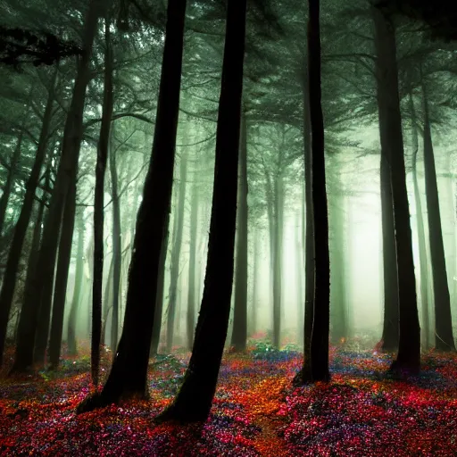 Image similar to a foggy forest clearing at night softly lit by multicolored lights, 8k, photo, rule of thirds,