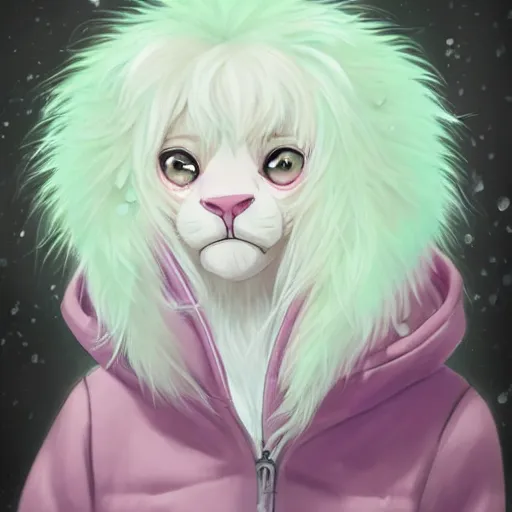 Image similar to aesthetic portrait commission of a albino male furry anthro lion under a lavender bubble filled while wearing a cute mint colored cozy soft pastel winter outfit with pearls on it, winter atmosphere. character design by artgerm, and makoto shinkai, detailed, inked, western comic book art, 2 0 2 0 award winning painting