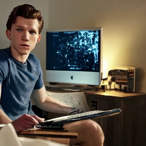 Image similar to tom holland behind a computer in his apartment room during a stormy night, photorealistic, cinematic lighting, highly detailed,