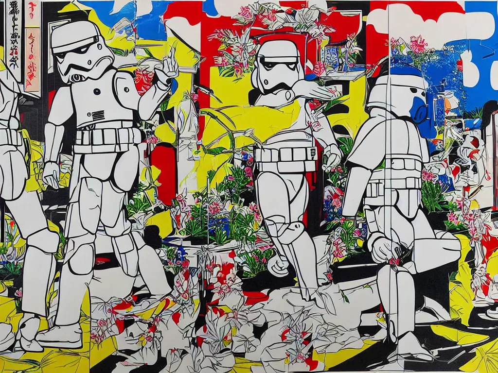 Image similar to hyperrealism composition of the japanese home with a garden, detailed stormtrooper in hot springs, pop - art style, jacky tsai style, andy warhol style, roy lichtenstein style, acrylic on canvas