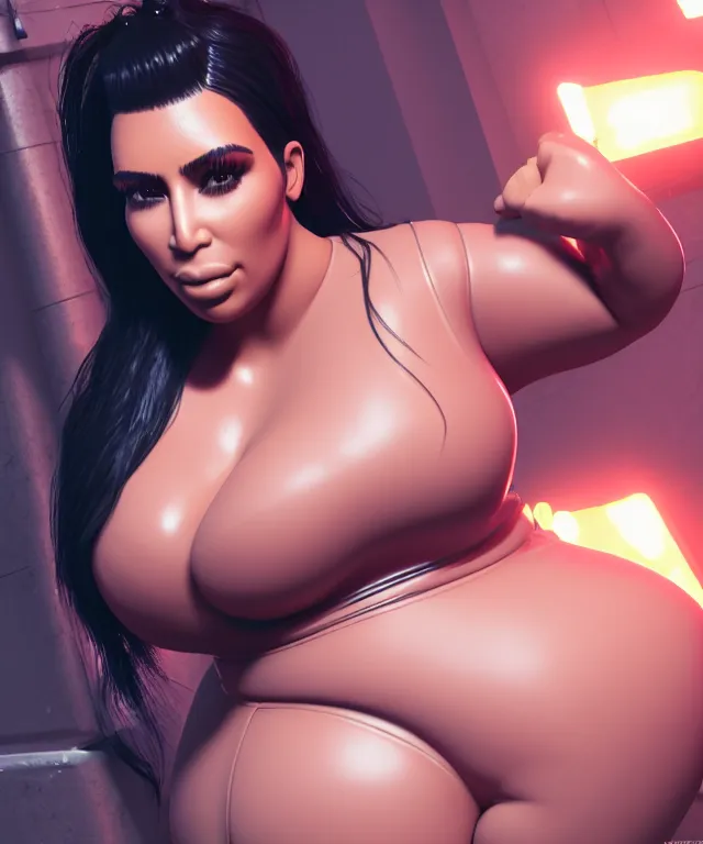 Prompt: obese kim kardashian, subsurface scattering, cyberpunk, dogpunk, unreal engine, octane render, artstation, highly detailed, 4 k post - processing, 8 k resolution, insanely detailed and intricate, hypermaximalist, shiny surfaces, smooth gradients, elegant, hd quality, no bokeh