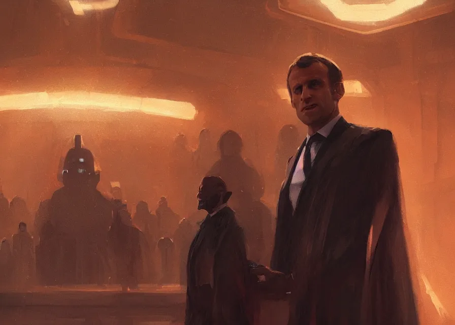 Image similar to painting of Emmanuel Macron as a senator in Star Wars, sharp focus, trending on ArtStation, masterpiece, by Greg Rutkowski, by Ross Tran, by Fenghua Zhong, octane, soft render, oil on canvas, moody lighting, clean background inside the galactic senate, cinematic