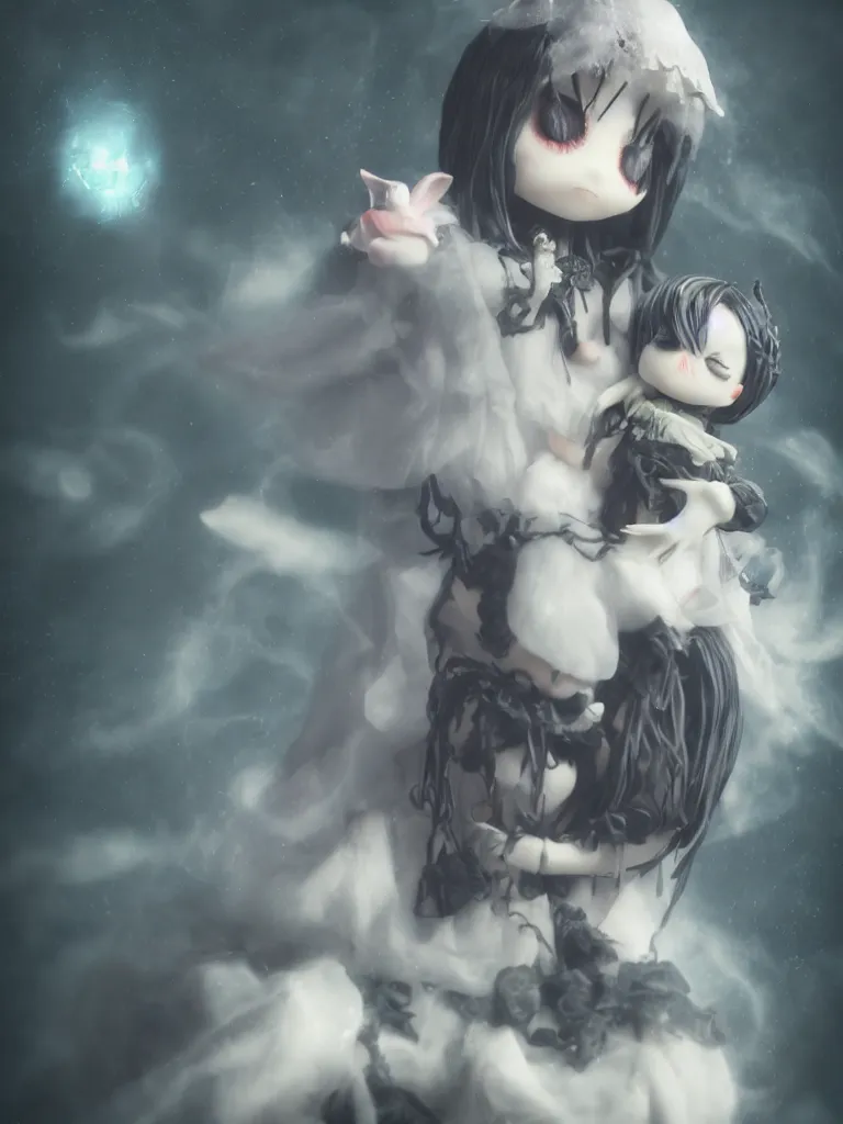 Image similar to cute fumo plush of a cursed frail witch bunny girl held tight in the arms of a translucent ghost mother, hugging and cradling, anime, eerie pretty melting volumetric smoke and fog, dark environment map pbr reflective stormy water, gothic maiden, bokeh, vignette, vray