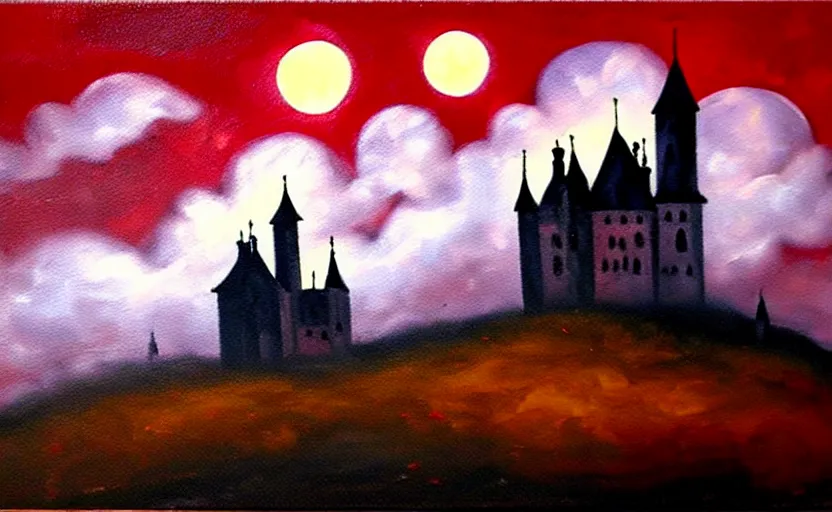 Image similar to red oil painting, full moon, french gothic burning! castle, fog!! clouds!! bats flying away from castle, blur, bokeh,