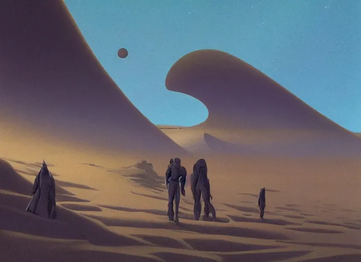 Image similar to ( ( ( ( ( dune 2 0 2 1 matte painting, sci - fi illustration, sci - fi environment, planets, desert scene, painting, highly detailed, psychedelic ) ) ) ) ) by ralph mcquarrie and moebius!!!!!!!