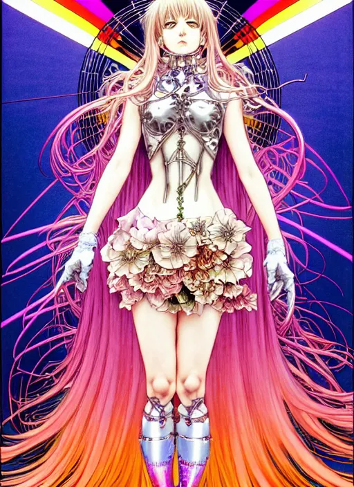 Image similar to highly detailed hajime sorayama terada katsuya artstation manga poster of witch mechine, rainbow gradient reflection bloom, long hair, armor, dress, laces, ruffles, 8 k, maximalist, ayami kojima, alphonse mucha