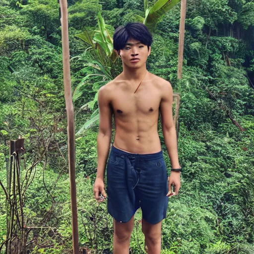 Prompt: head to toe photo, jungle book mowgli who is a 2 0 year old korean with large muscles and with long unkempt and slightly curly hair, holding a torch in one hand and an iphone in the other hand, standing in the jungles of jeju island