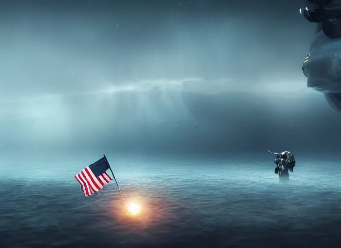 Image similar to astronaut holding a flag in an underwater desert. a submarine is visible in the distance. dark, concept art, cinematic, dramatic, atmospheric, 8 k, trending on artstation, blue, fish, low visibility, fog, ocean floor, christopher nolan, interstellar