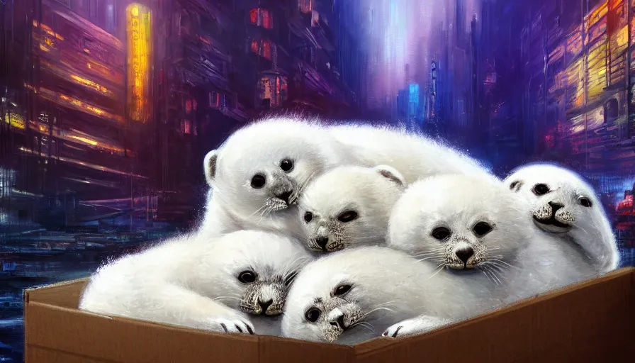 Image similar to highly detailed painting of furry white baby seals cuddled up in a cardboard box in a dystopian cyberpunk street by william turner, thick brush strokes and visible paint layers, 4 k resolution, retrowave colour scheme