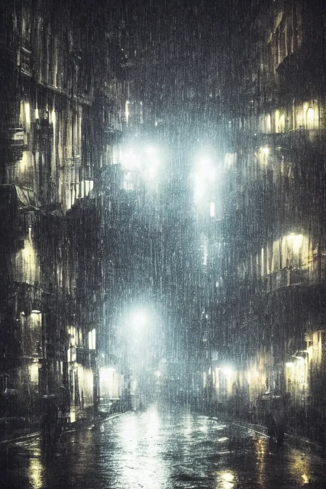 Image similar to city late at night under rain, dark