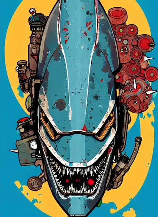 Image similar to biopunk shark mask link from fallout, portrait illustration, pop art, splash painting, art by geof darrow, ashley wood, alphonse mucha, makoto shinkai