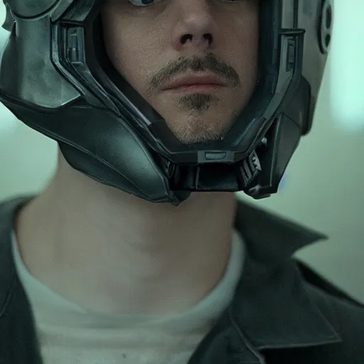 Image similar to movie still of a man with a cyborg leon helmet, cinematic composition, cinematic light, by edgar wright and david lynch