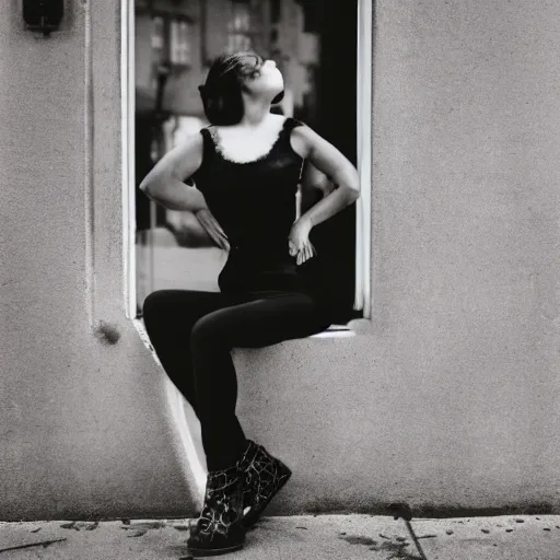 Prompt: a beautiful instant photograph of a woman smoking in the street, leaning on the wall, polaroid, technicolor, rule of thirds, light leak, raw, black clothing