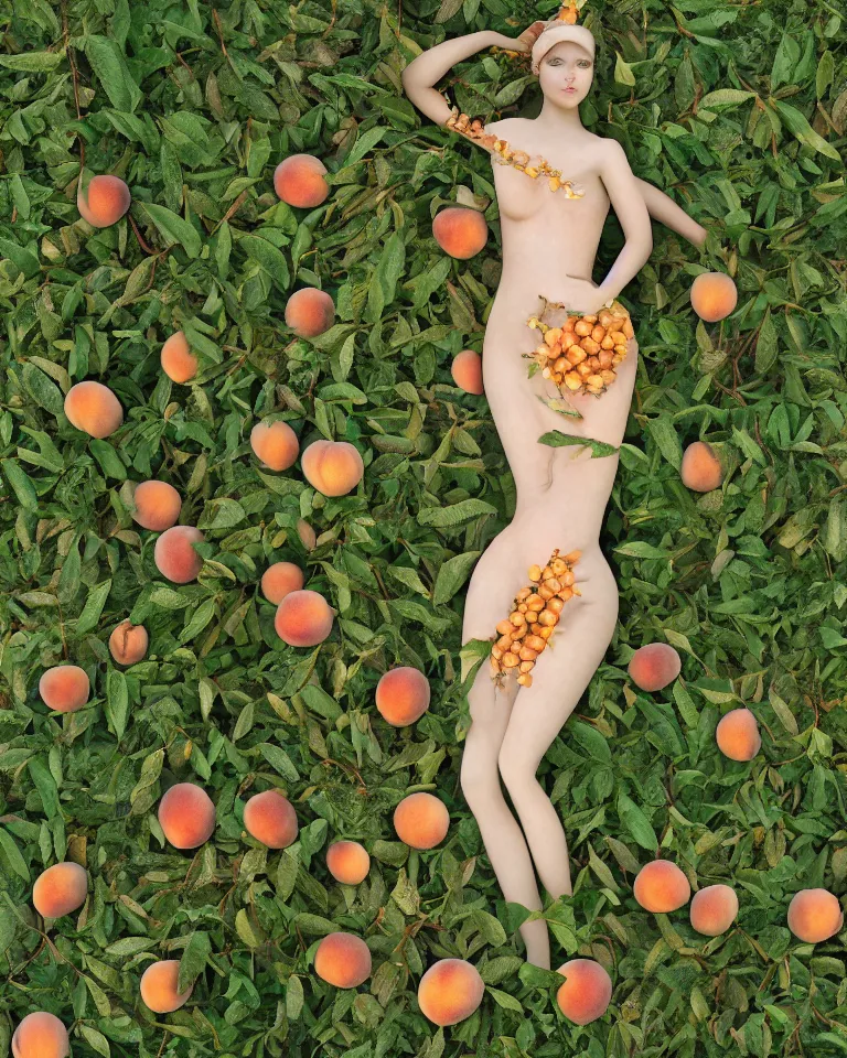 Prompt: An Elegant and Gently Goddess of peach fruits fairies, her skin is made of detailed pale human skin. Shiny hair made of highly detailed plant roots strands and two peaches. Weeds are growing from her belly bottom. Dress made of leaves. Gently looking at the camera. Soft details. Clear eyes. Octane Render. Rendered. unreal engine. 4k. 8k. Realistic skin. Detailed. Refined. Body art. Highly Detailed. Face by Otto Schmit. Detailed Garden of fruits as background. Trending on artstation.