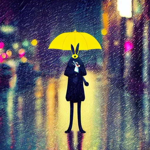 Image similar to portrait of an humanoid detective rabbit holding an umbrella, rainy night, city lights, sharp, focused photo