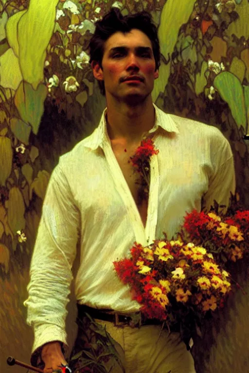 Image similar to attractive man holding flowers, painting by gaston bussiere, craig mullins, greg rutkowski, alphonse mucha