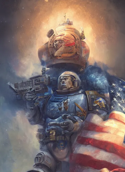 Prompt: donald trump is a space marine, au naturel, hyper detailed, digital art, trending in artstation, cinematic lighting, studio quality, smooth render, unreal engine 5 rendered, octane rendered, art style by klimt and nixeu and ian sprigger and wlop and krenz cushart.
