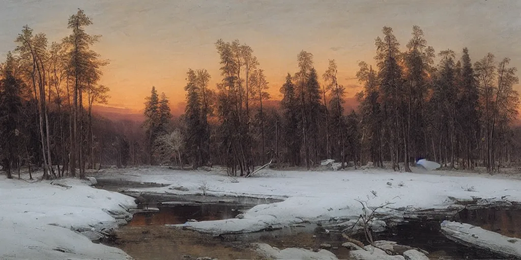 Prompt: winter landscape, faint sunrise, lush field, forest, frozen river, matte painting, by Isaac Levitan and Asher Brown Durand