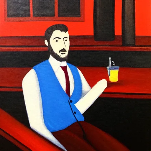 Image similar to a man sitting in a bar about to make a fundamental decision for his life, he is uncertain, but he knows he would rather have remorse than regret, acrylic painting