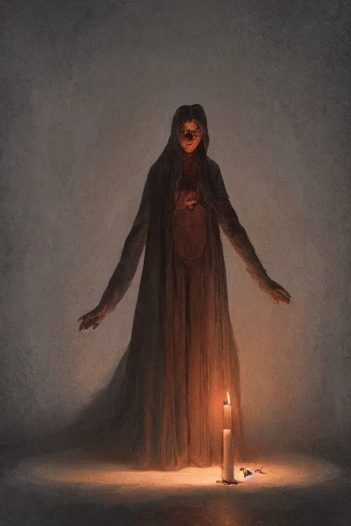 Image similar to Spirit holding a candle in the middle of the room, horror, illustrated by Greg Rutkowski and Caspar David Friedrich., Trending on artstation, artstationHD, artstationHQ, 4k, 8k